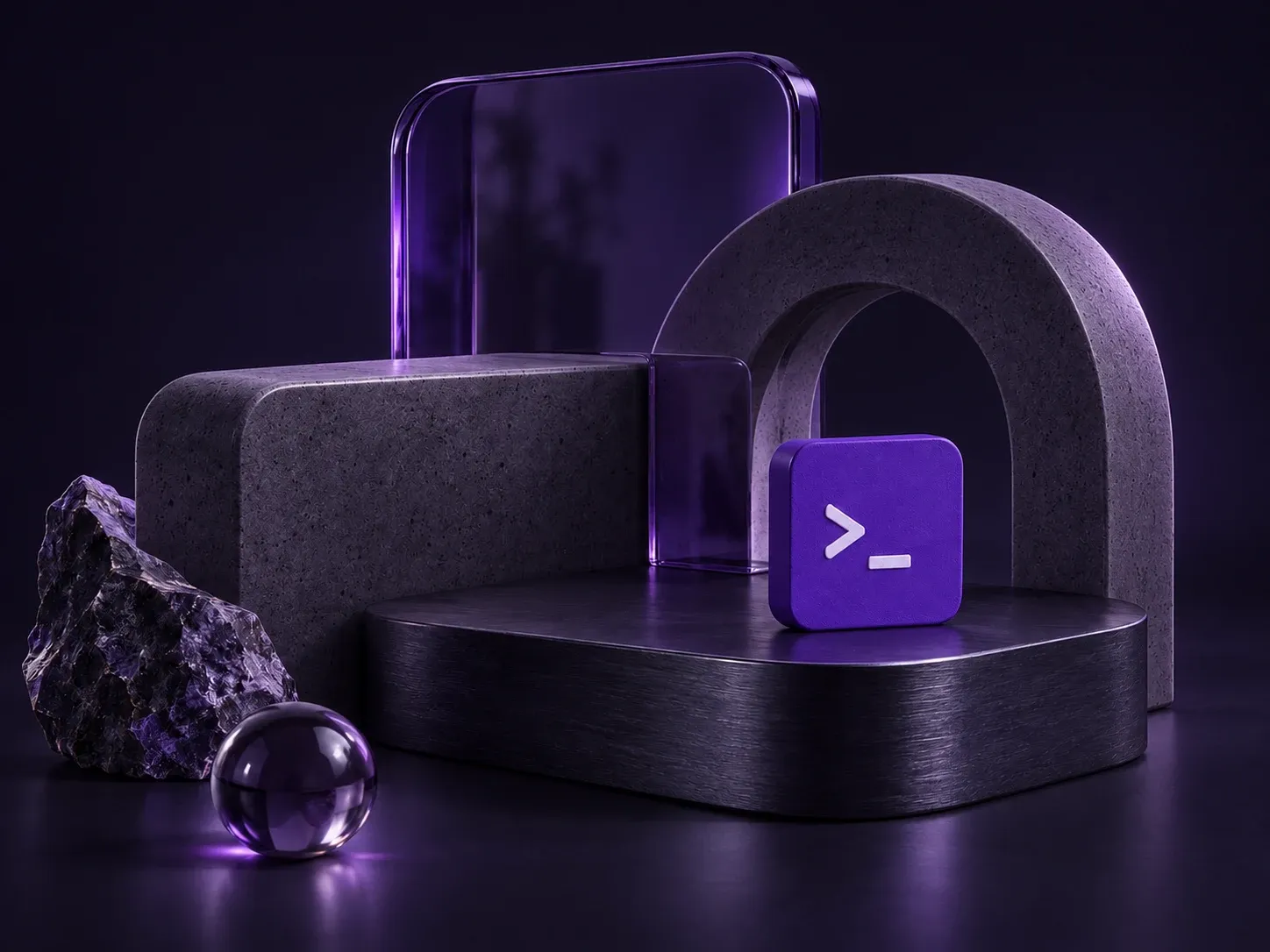 Violet glass and charcoal ceramic forms around the Santi020k terminal prompt in a softly lit dark studio