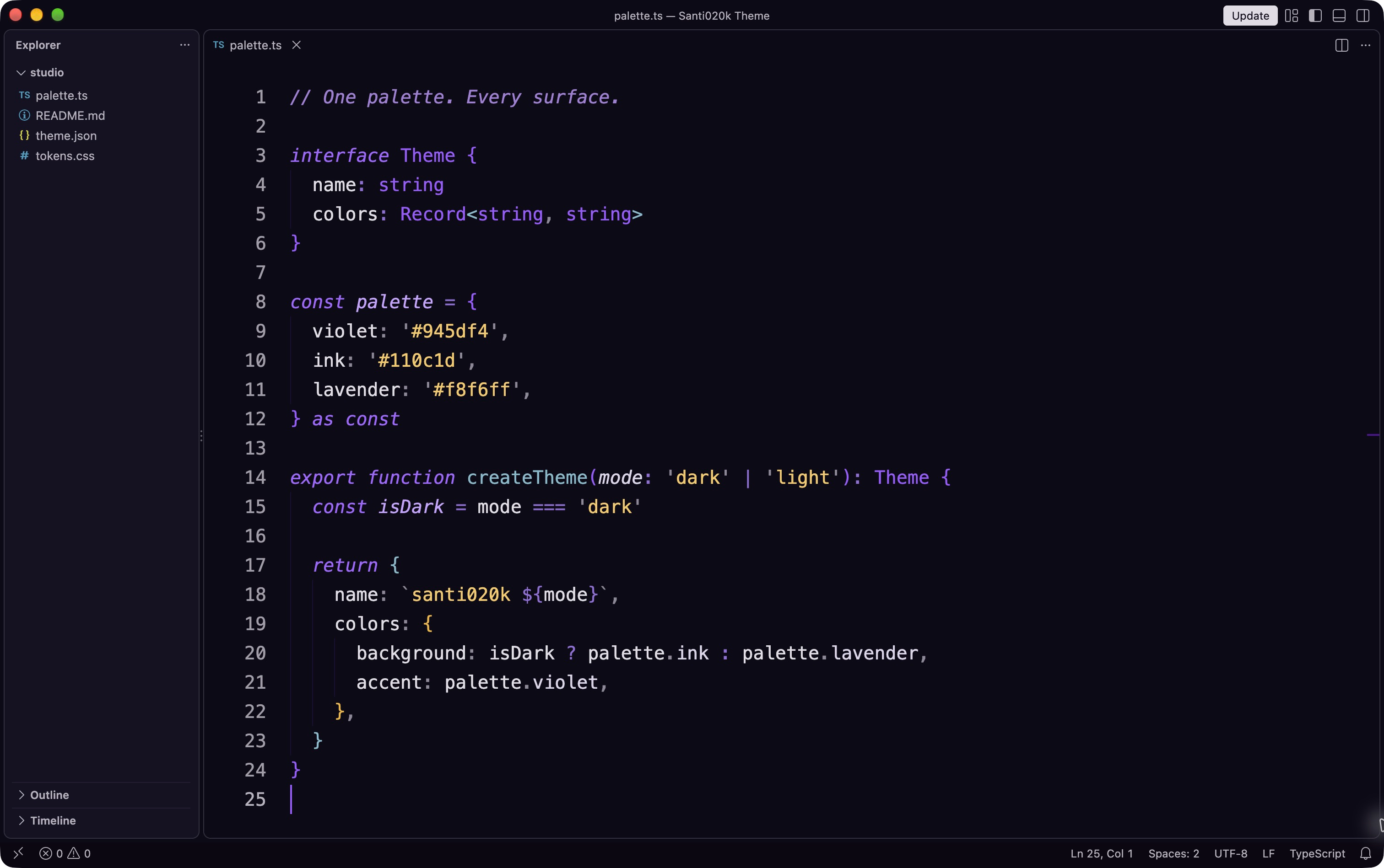 santi020k dark theme in VS Code with the Explorer, editor tabs, and minimap