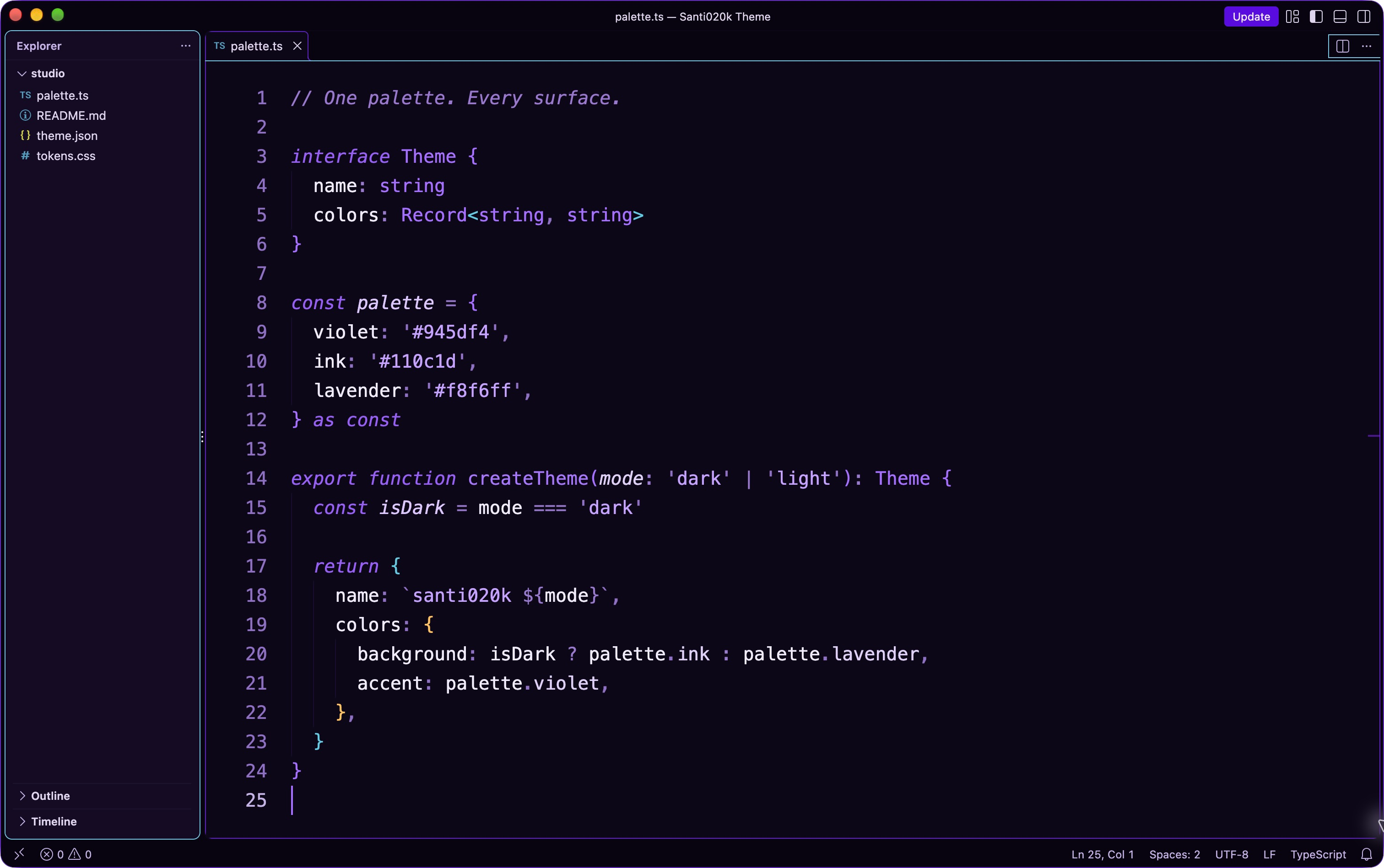 santi020k high contrast dark theme in VS Code with strong borders and vivid syntax accents