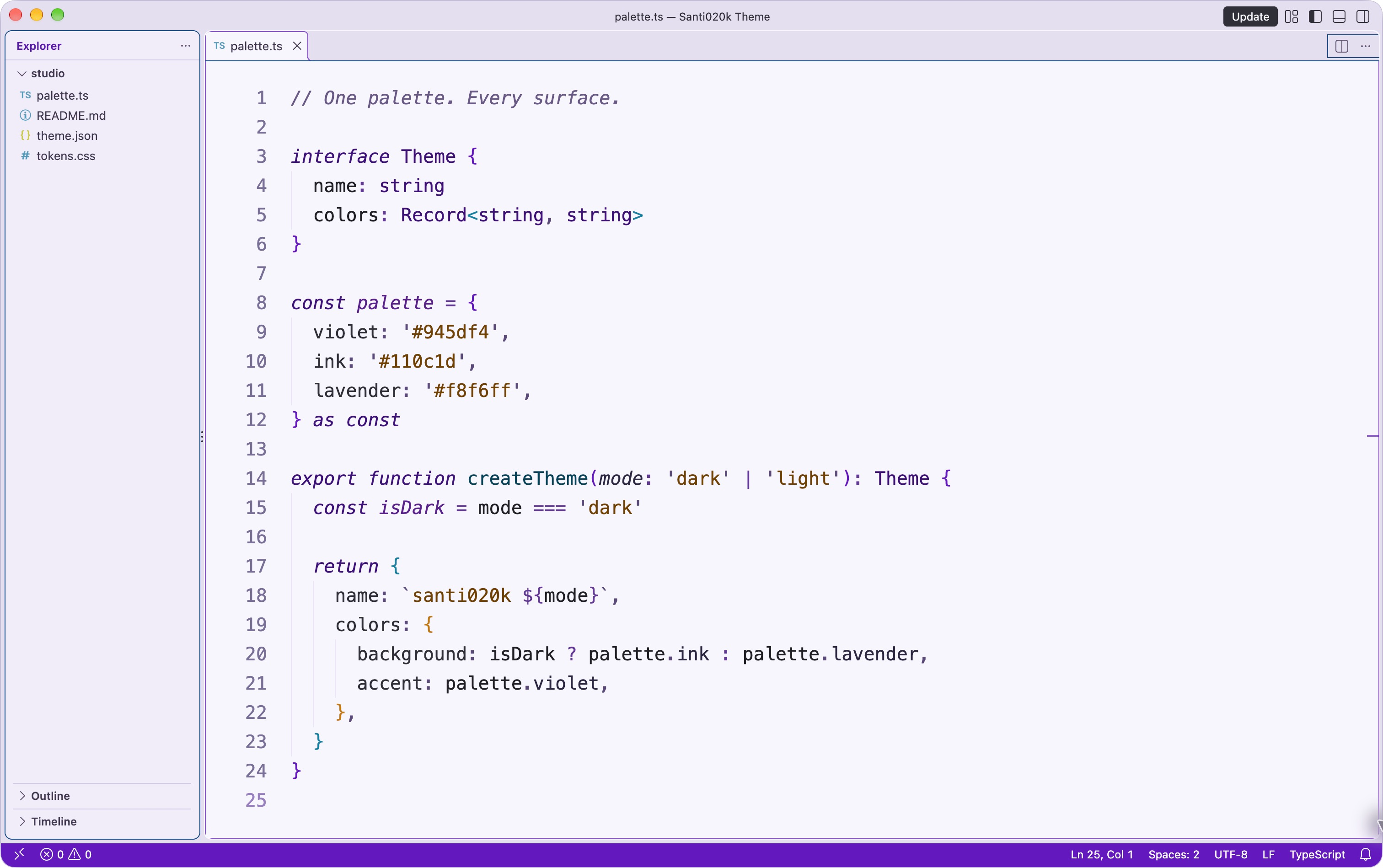 santi020k high contrast light theme in VS Code with clear syntax and dark borders