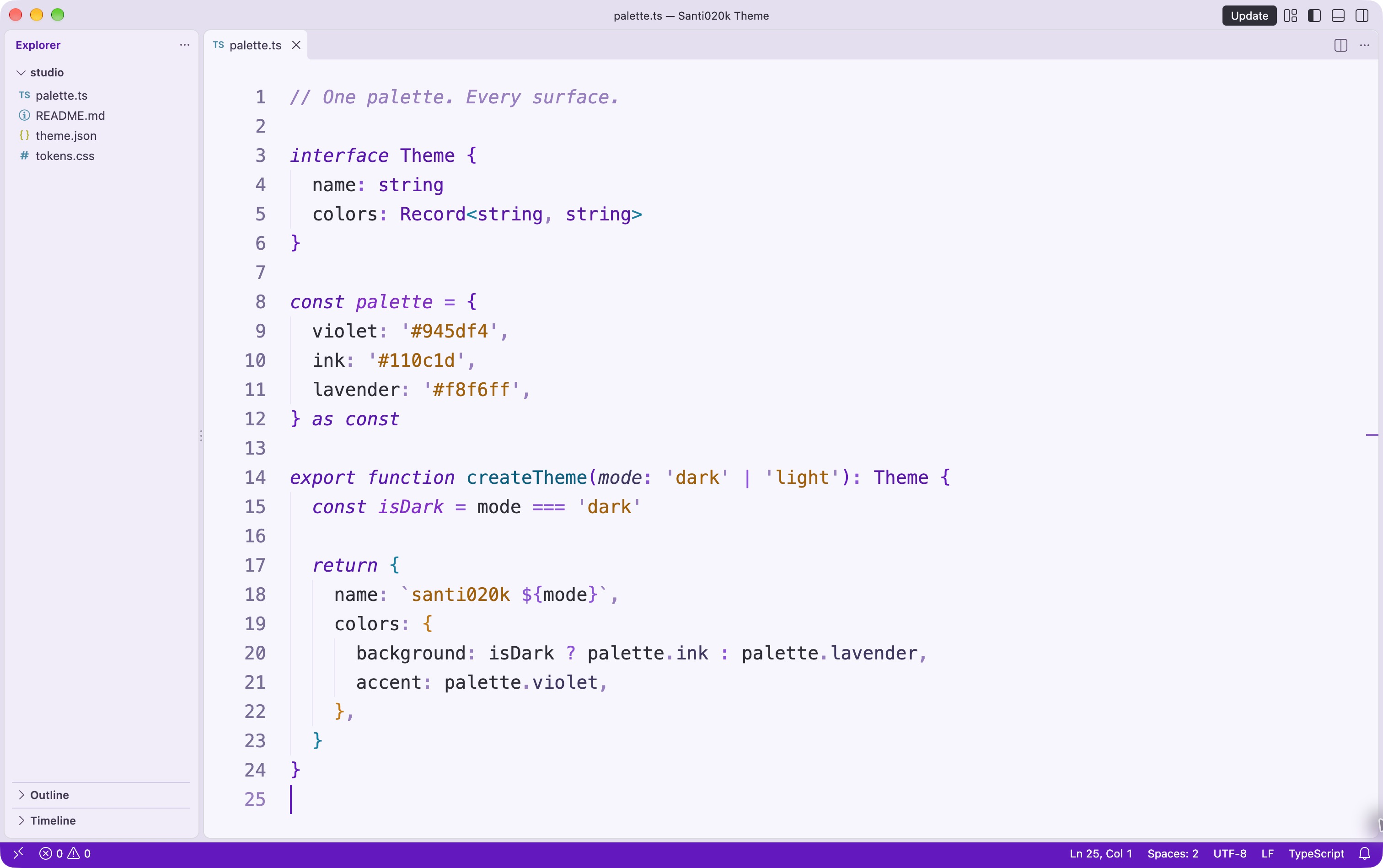 santi020k light theme in VS Code with purple syntax on a lavender canvas