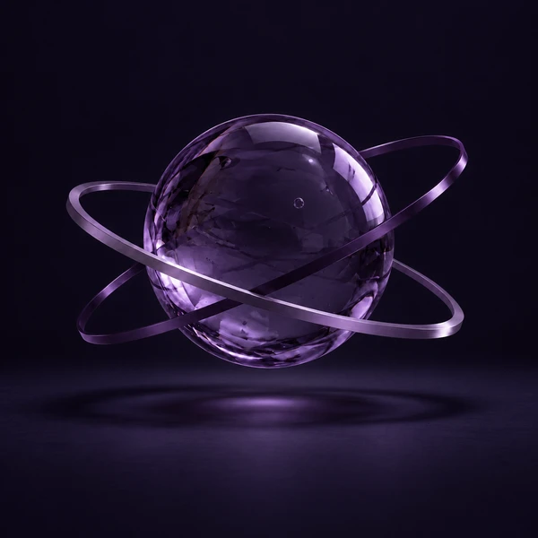 A floating violet glass sphere encircled by two thin intersecting metal rings, dark square cover