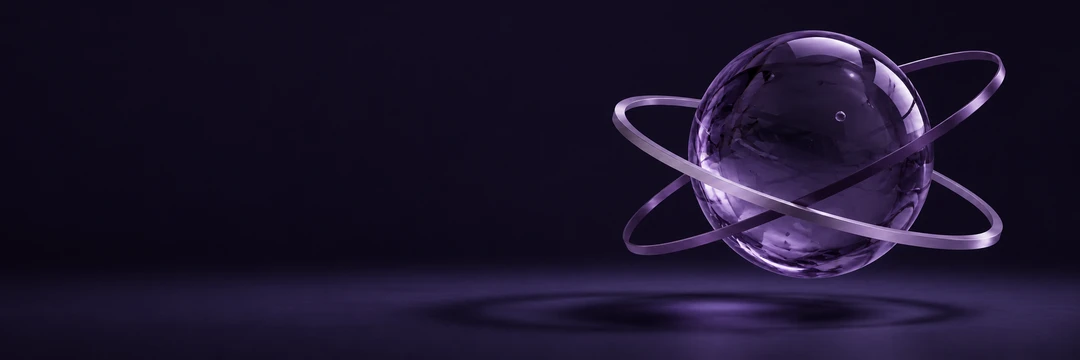 A floating violet glass sphere encircled by two thin intersecting metal rings, dark wide banner