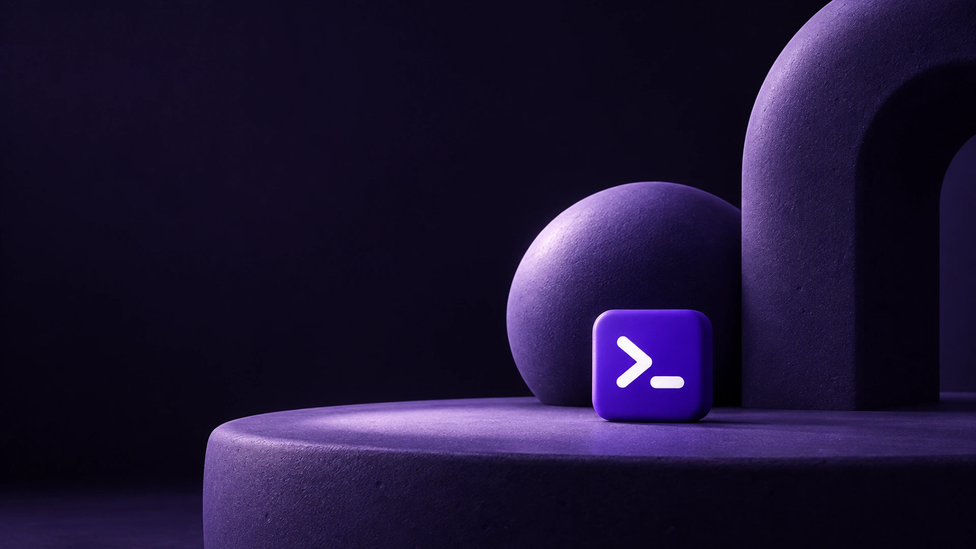 Matte sculptural ceramic forms arranged around a small purple terminal prompt