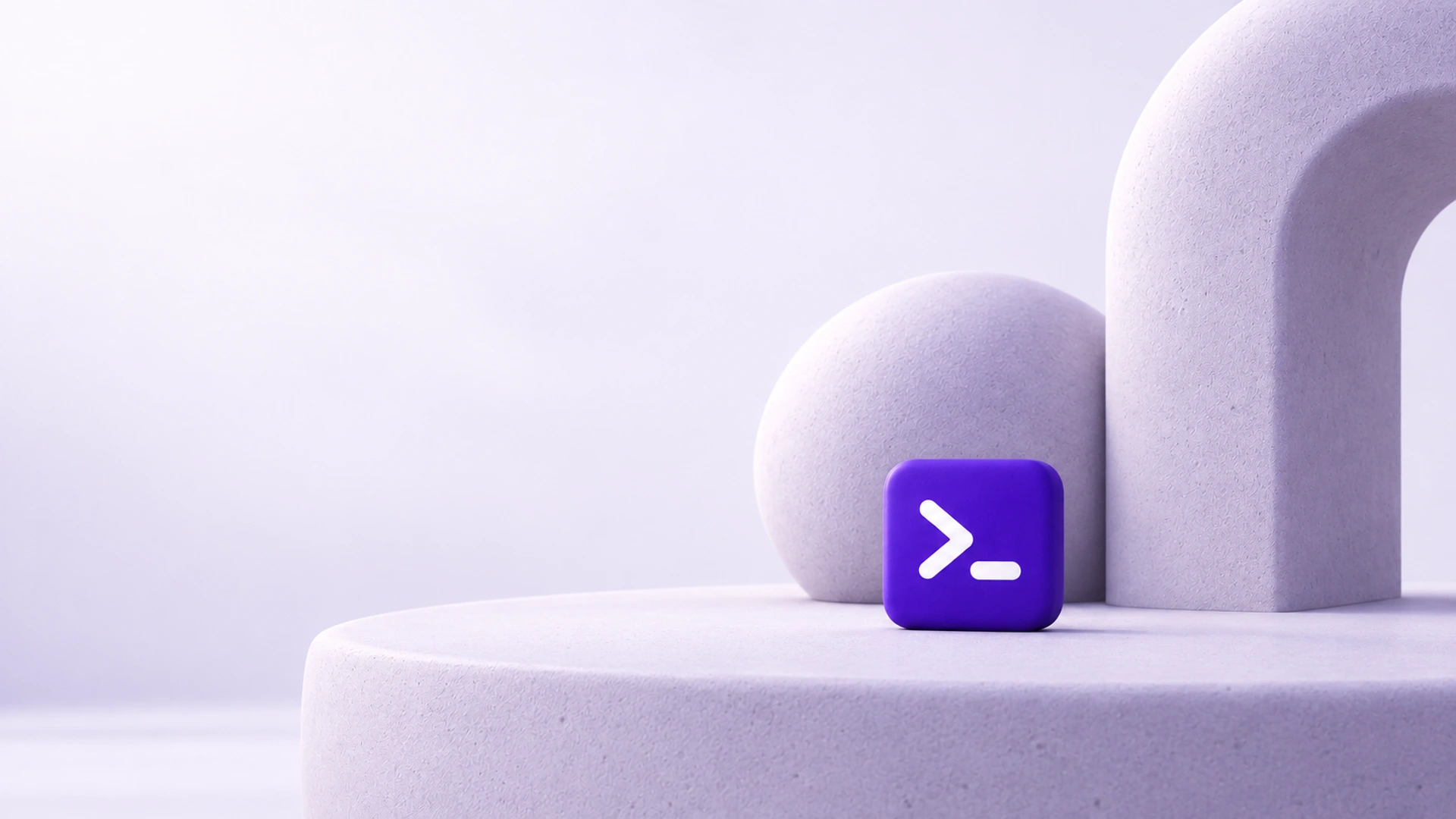 Matte sculptural ceramic forms arranged around a small purple terminal prompt, light desktop composition