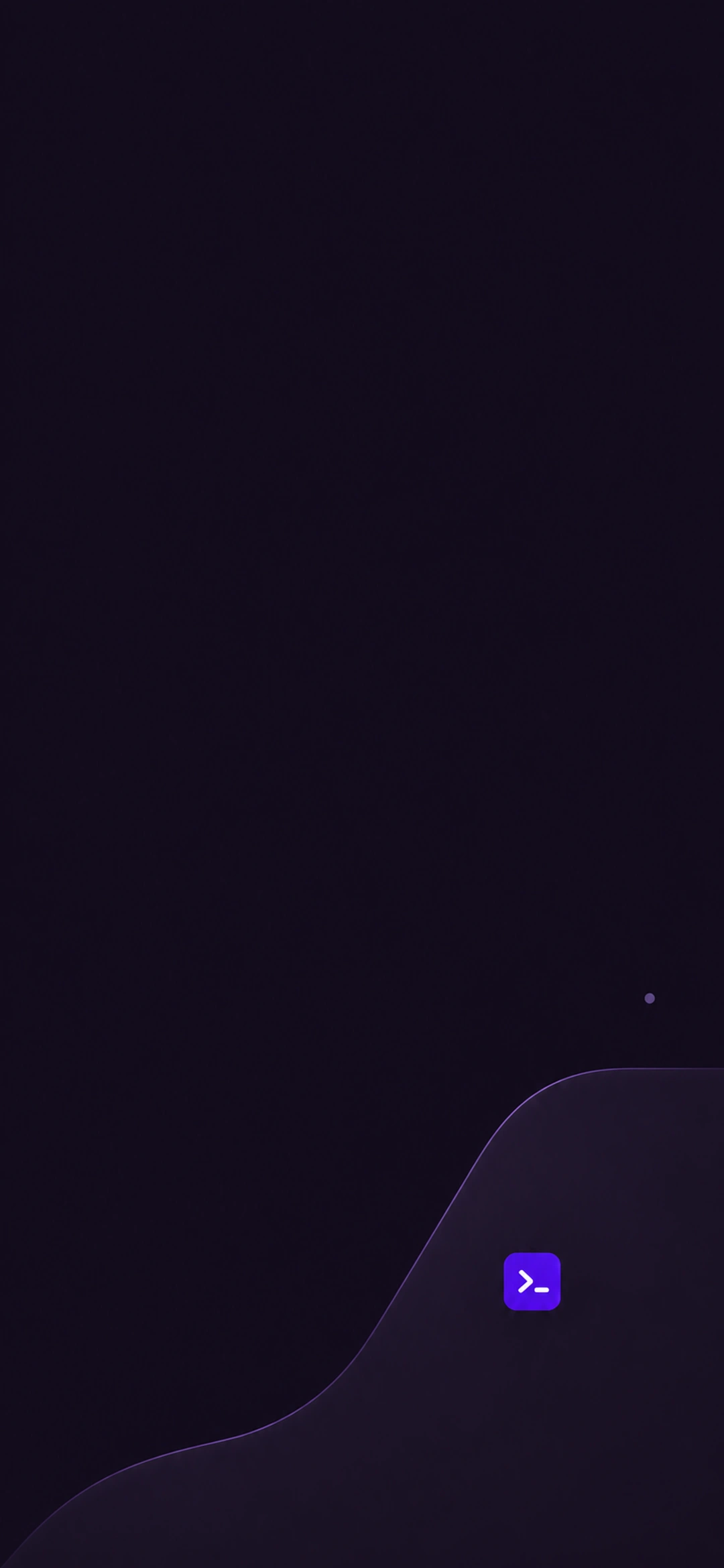 A fine S-shaped contour across a matte surface with a tiny purple terminal prompt, dark phone composition