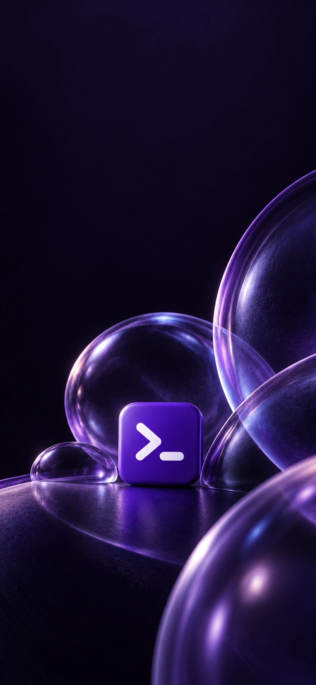 A purple terminal prompt tile surrounded by translucent violet glass forms, dark phone composition