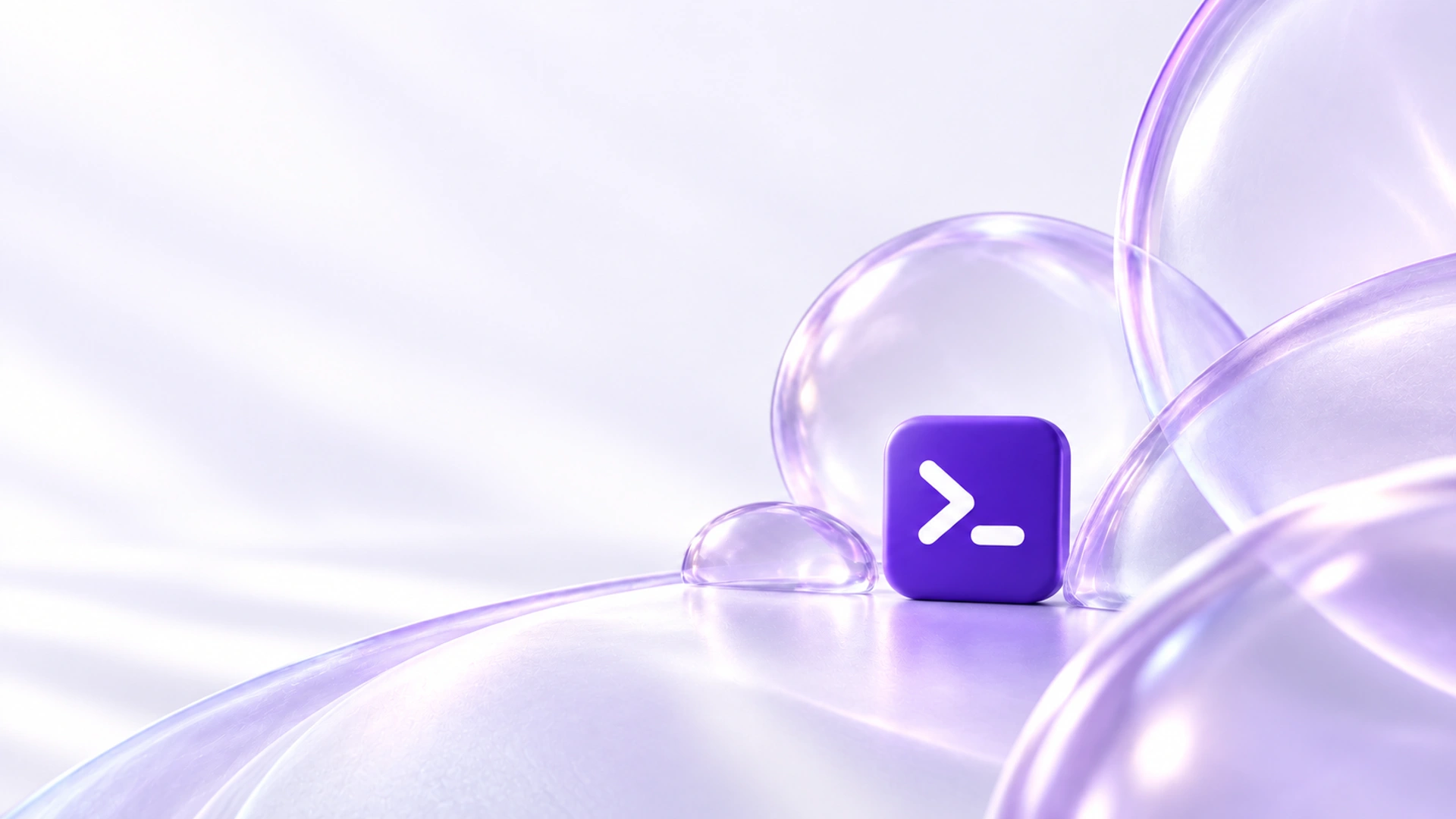 A purple terminal prompt tile surrounded by translucent violet glass forms, light desktop composition