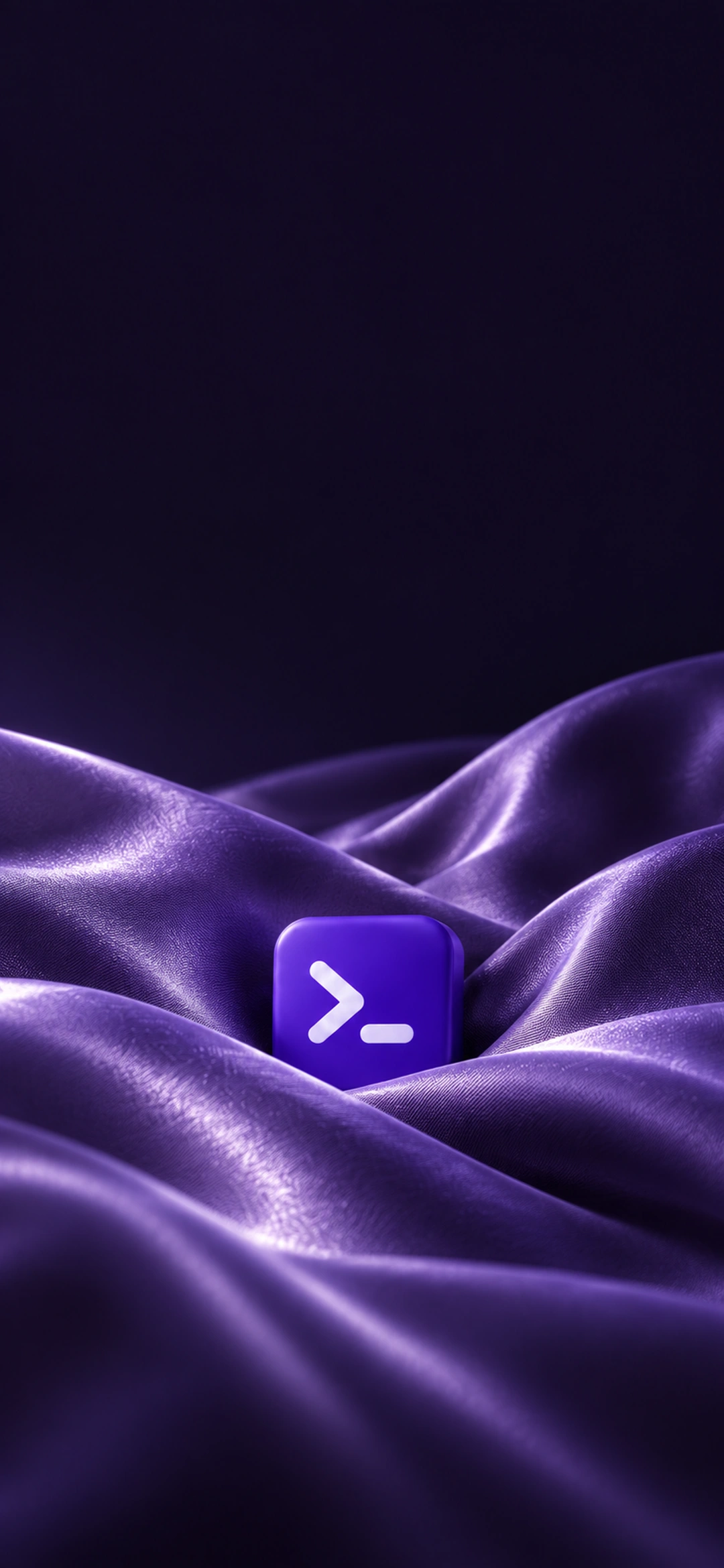 A purple terminal prompt tile resting among flowing violet satin folds, dark phone composition
