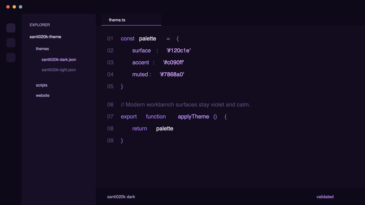 santi020k dark theme applied in VS Code — deep indigo background with violet accents