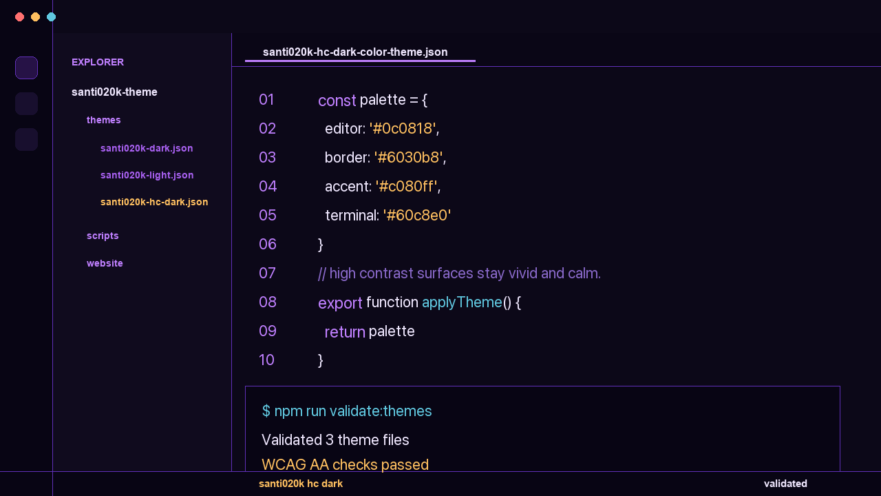 santi020k high contrast dark theme applied in VS Code — near-black surfaces with vivid purple and amber accents