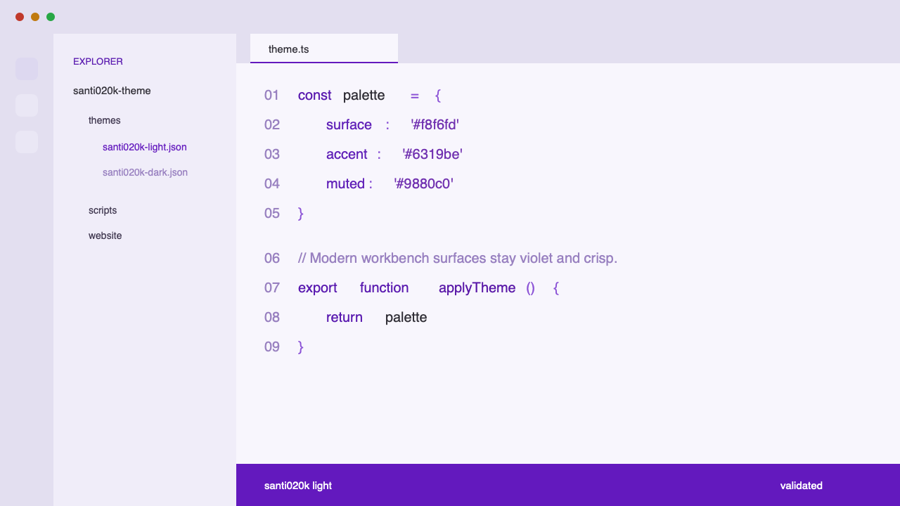 santi020k light theme applied in VS Code — soft lavender background with purple accents